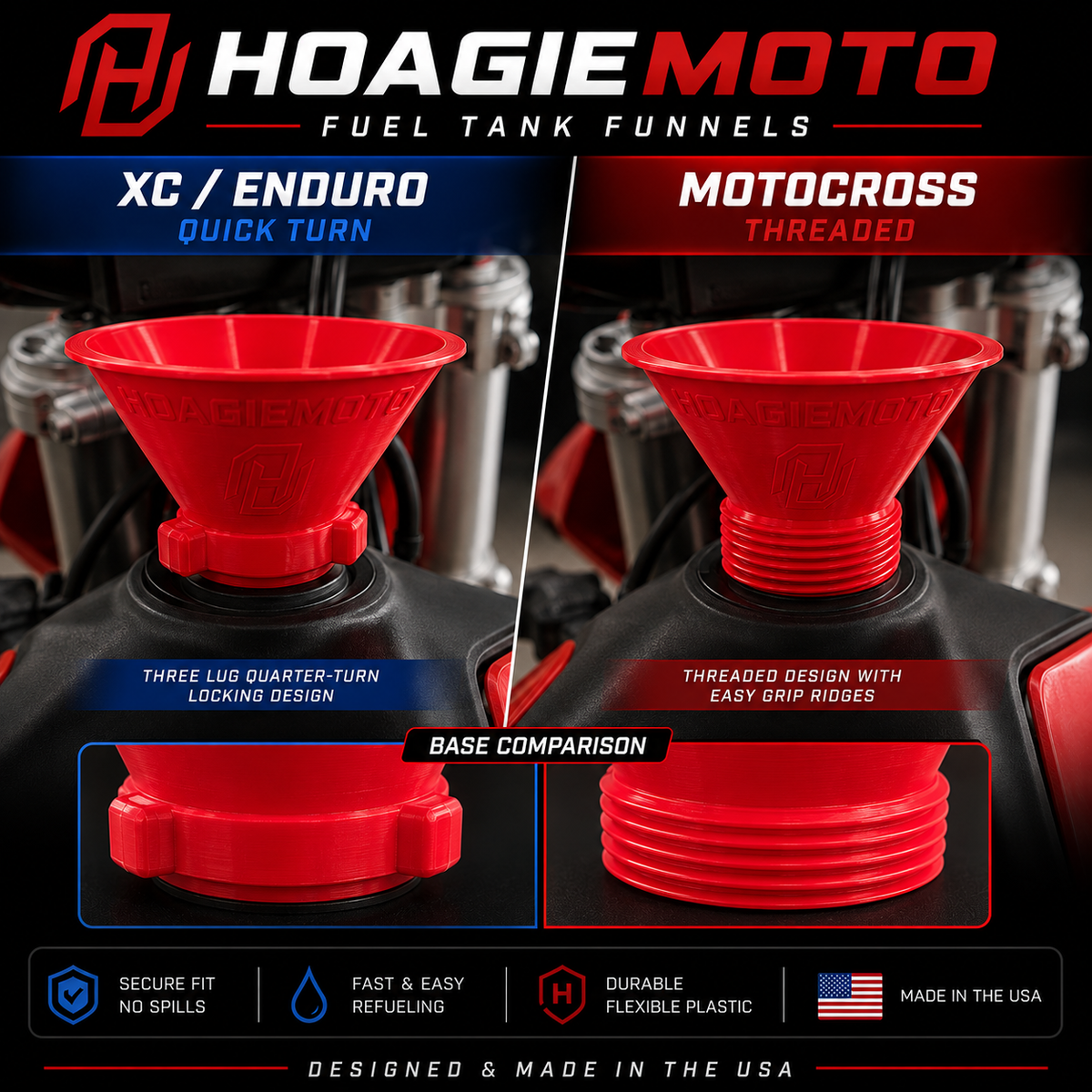 A promotional comparison graphic for Hoagie Moto fuel tank funnels, showing two red funnel designs side by side labeled XC / Enduro Quick Turn and Motocross Threaded, with feature callouts and a 'Base Comparison' inset