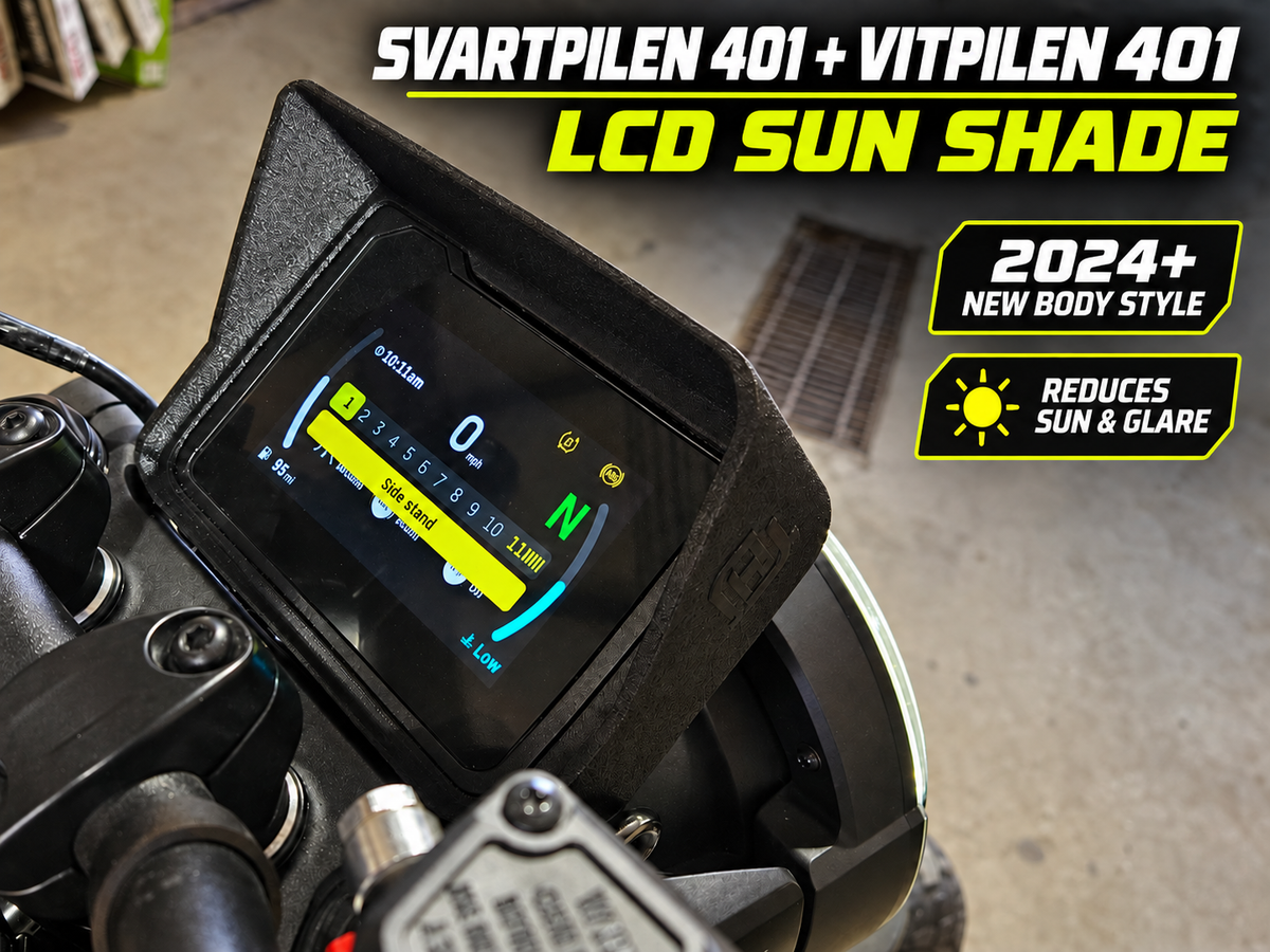 Black LCD sun shade cover for a motorcycle dashboard, shown installed over a digital display screen. The image includes promotional text overlays reading 'SVARTPILEN 401 + VITPILEN 401 LCD SUN SHADE', '2024+ NEW BODY STYLE', and 'REDUCES SUN & GLARE'.